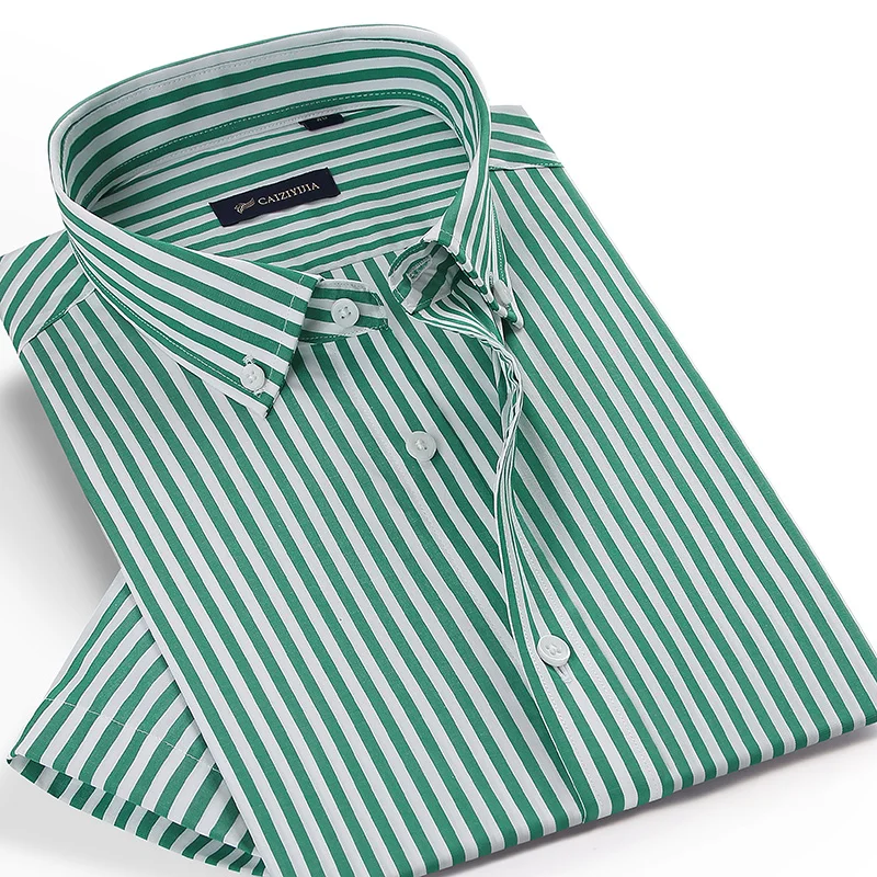 

100% Cotton Short Sleeve Men's Striped Dress Shirt Button Down Collar Male Business Casual Social Shirts Summer Fashion Clothing