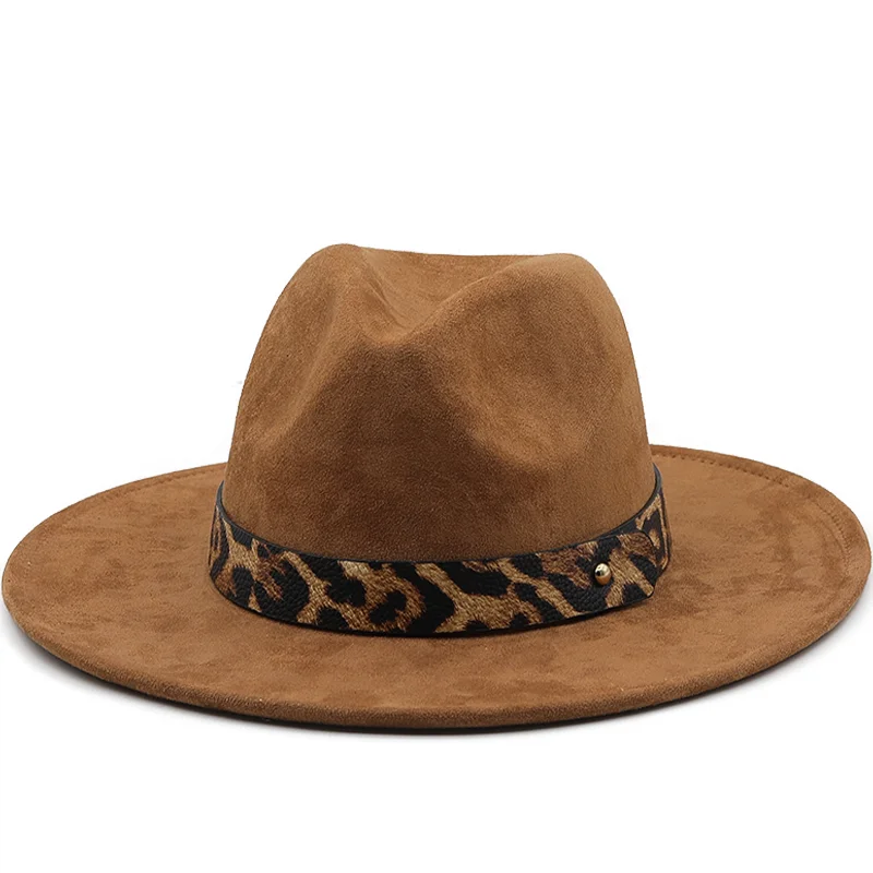 

Hot Suede Women Men Leopard belt Fedora Hat For Winter Autumn Elegant Lady Gangster Trilby Felt Homburg Church Jazz Hat 55-58CM