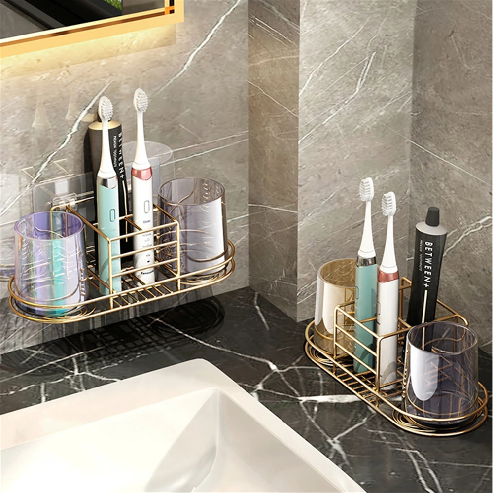 

Electric Toothbrush Rack Base Bathroom Countertop Storage Rack Punch Free Metal Toothpaste Toothbrush Holder Washcup Shelf
