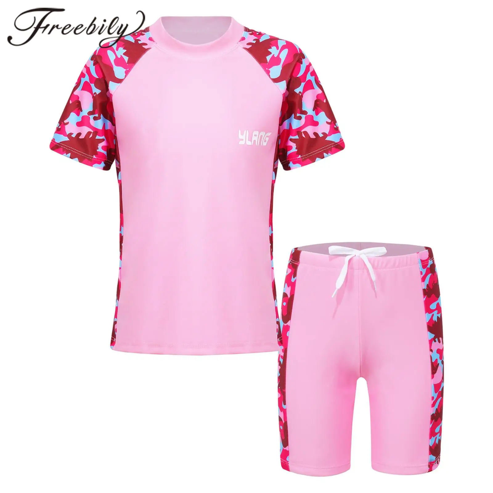 

2Pcs Children's Swimsuit Kids Girls and Boys Short Sleeve Colorful Print Two Pieces Set Swimwear for Beach Bathing Suit Sunsuit