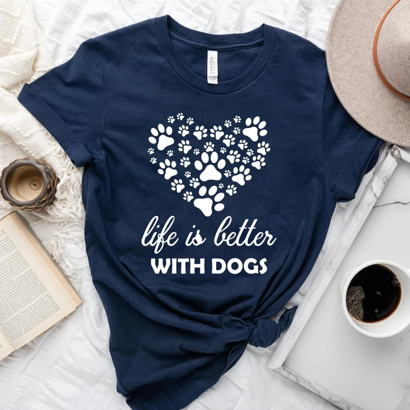 

Life Is Betters with Dogs Paw Love Heart Women T Shirt Cotton Kawaii Tshirts Aesthetic Graphic Tee Mom Life T-shirt Dropshipping