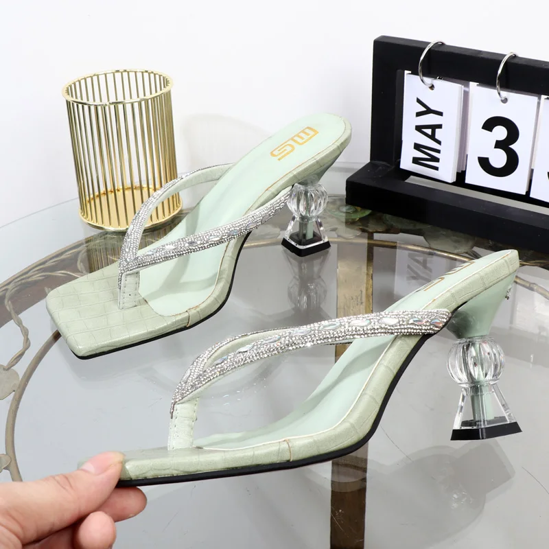 flip flops 2023 spring summer high heeled rhinestone Pinch toe women shoes wearing thin-heeled solid-color heeles shoes ladies