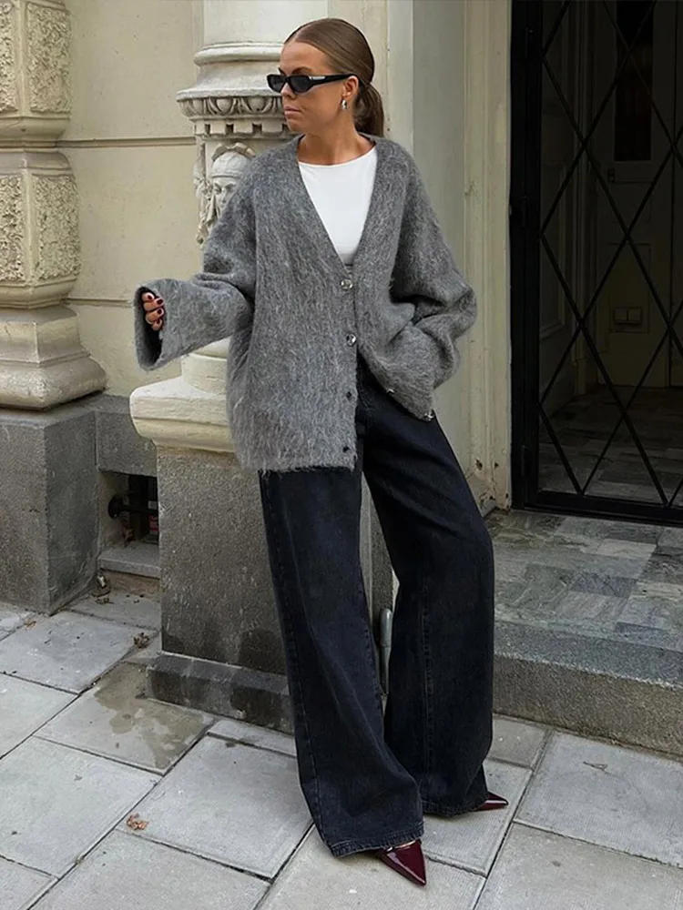 Casual Knitted Solid V-neck Cardigan Women Retro Loose Plush Single Breasted Sweaters Female Autumn Winter Elegant Knitwear