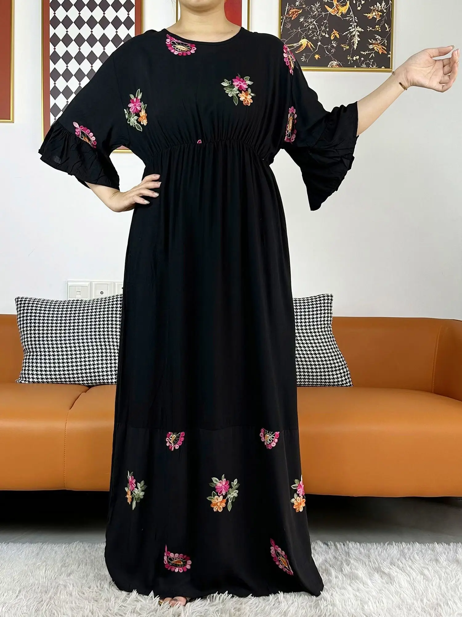 2023 New Muslim Women Long Sleeve Dashiki Dress Solid Embroider Floral Boubou Maxi Islam Women Dress African Abaya Clothes