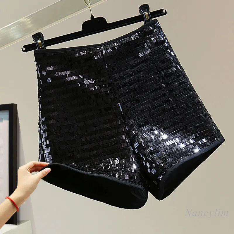 Summer Black Sequins Shorts Women 2023 High Waist Slimming Silver Sequined A- Line Wide-Legged Shorts Y2K