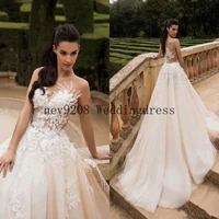 bride a line jewel wedding dresses illusion sheer neck 3d floral appliques court train vintage garden bridal gowns