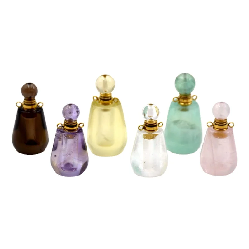 

Natural Rose Quartz Amethyst Smoky Quartz Perfume Bottle Pendant Polished Gold Color Plated Fluorite Healing Chakra Necklace