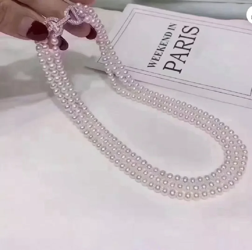 Ожерелье из белого круглого жемчуга Южного моря 3 нити 5–6 мм 17 дюймов 18 19