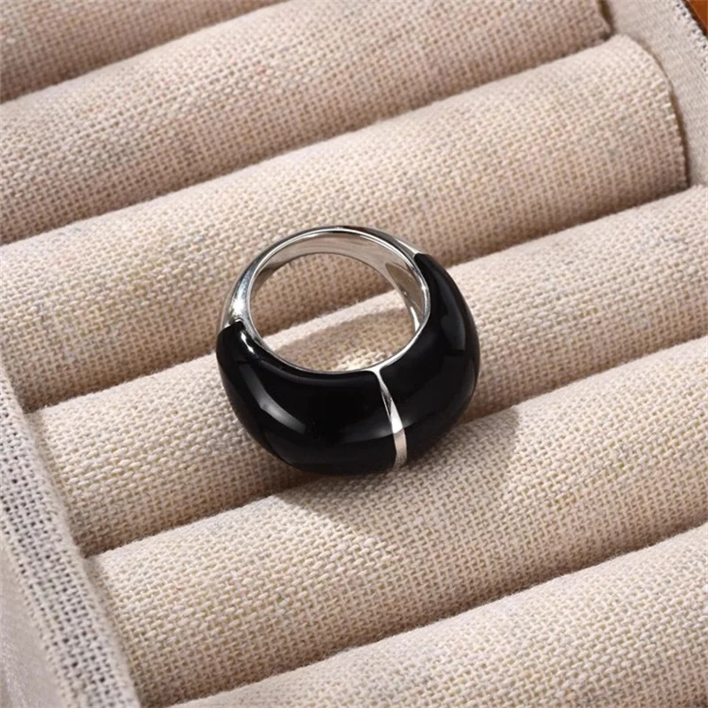 

French Ins Black Circular Drop Glaze Patchwork Wide Ring WOMEN Niche Personality Simple Metal Fashion Temperament Charm Jewelr