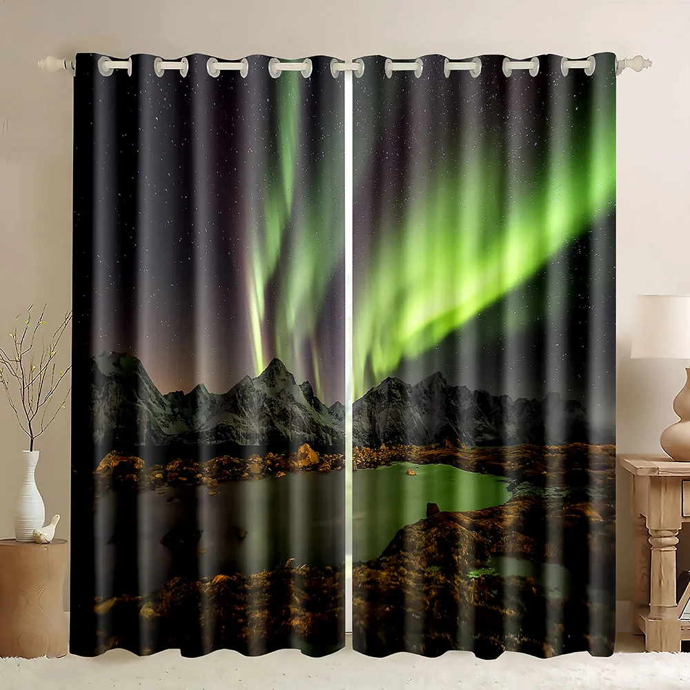 Оконная занавеска Northern Lights фиолетово-зеленая плотная Snow Mountain Reflection Aurora Borealis Forest