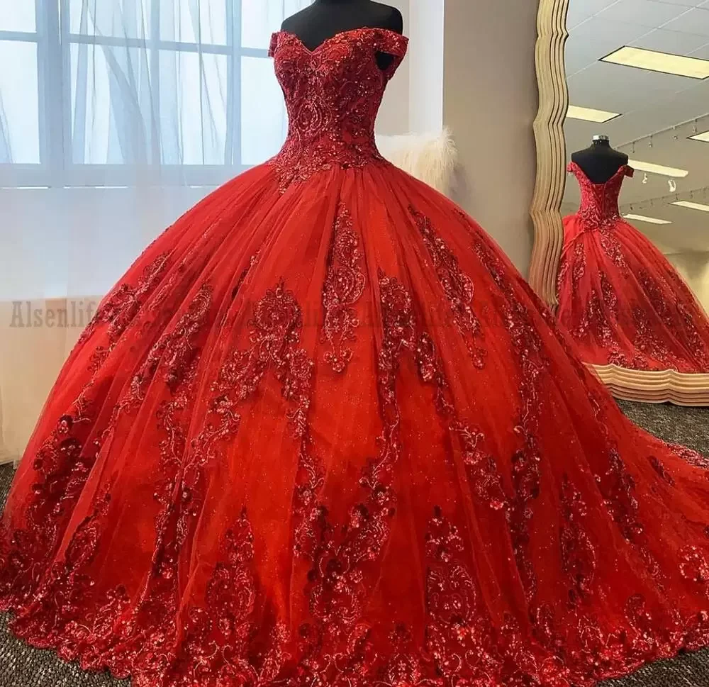 ANGELSBRIDEP красные платья Quinceanera с накидкой и блестками аппликация корсет объем