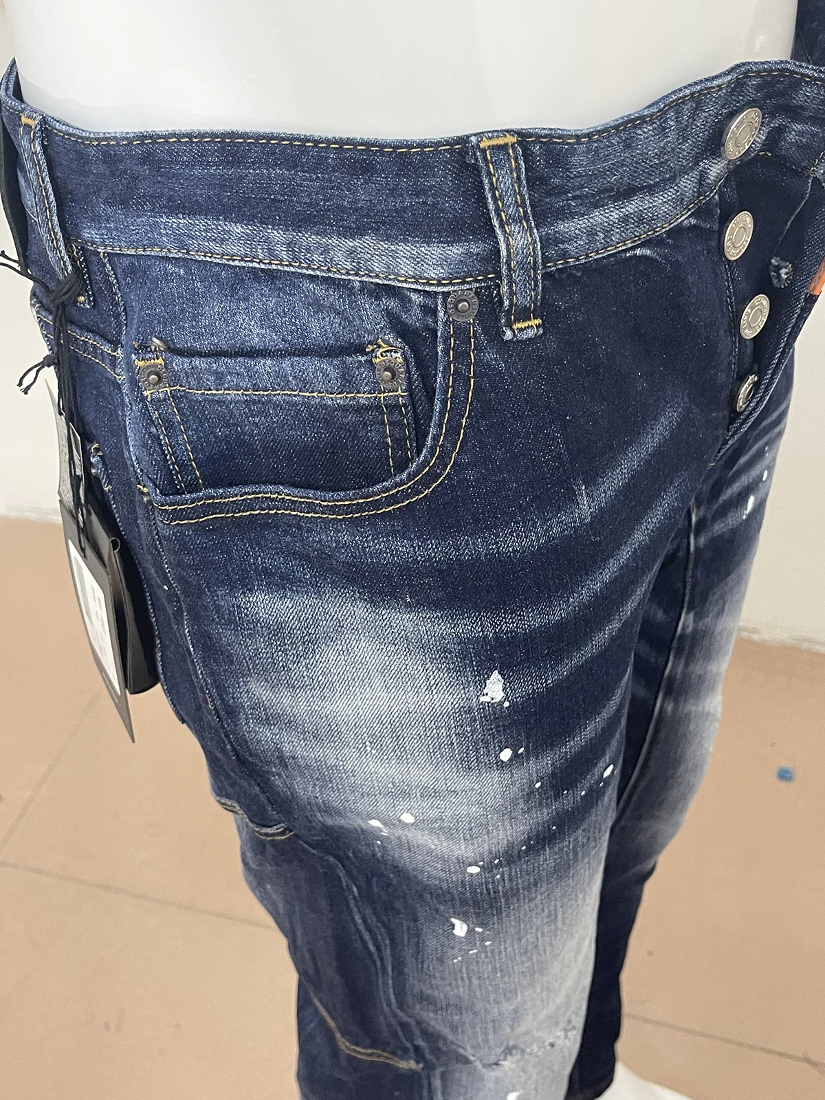 Spring 2023 new jeans men's D2 jeans slim-fitting micro-spring wash dark blue lettering tide tide stitching fashion A601