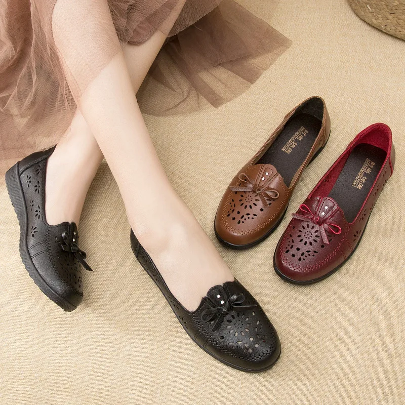 2023 Women Leather Flat Shoes Breathable Ladies Leisure Loafers Soft Sole Comfortable Female Shallow Office Flats Boat Shoes