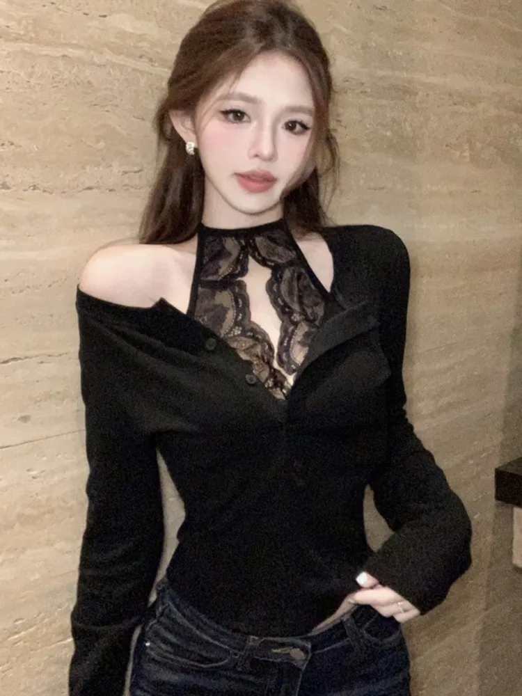 Рубашка с длинными рукавами и кружевной строчкой женская осенне-зимняя рубашка