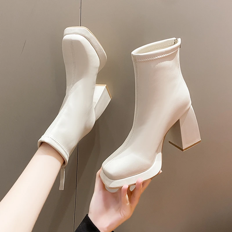 beige Women Ankle Boots Platform Square High Heel Ladies Short Boots Patent PU Leather Round Toe Women's Boots 2023