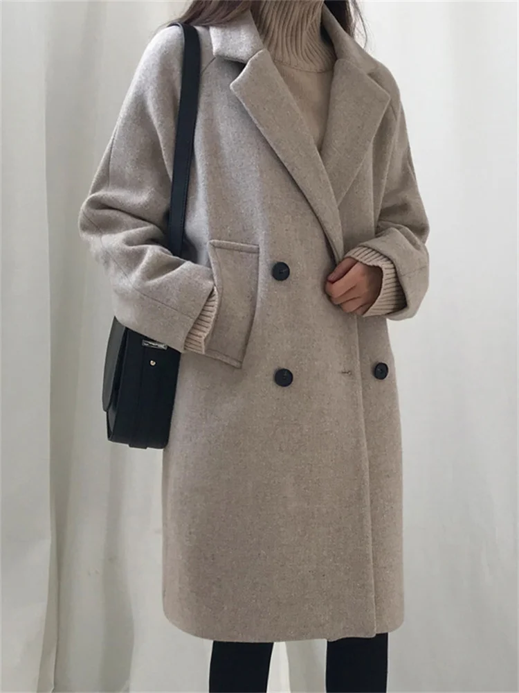 

Woolen Coat Women Beige Gray Thick Suit Collar Blends Jackets 2022 Autumn Winter New Korean Slim Long Double Breasted Wool Coats