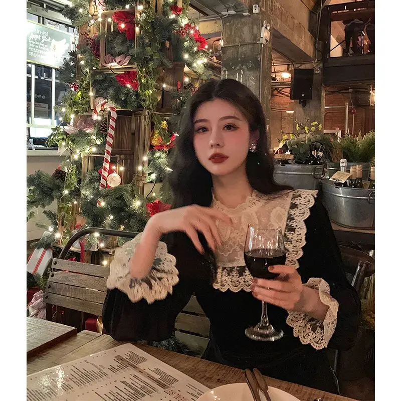 

Woman Long Sleeve Lace Print Bodycon Dress Female Autumn Midi-length Basic Party Midi-length Dresses Ladies A Line Dress G272