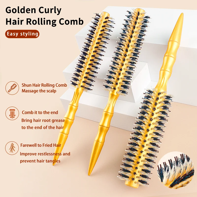 

Newest Golden Boar Bristle Hair Wood Round Brush Nylon Hair Styling Comb Curly And Straight Hairdressing Comb Barber Accessories