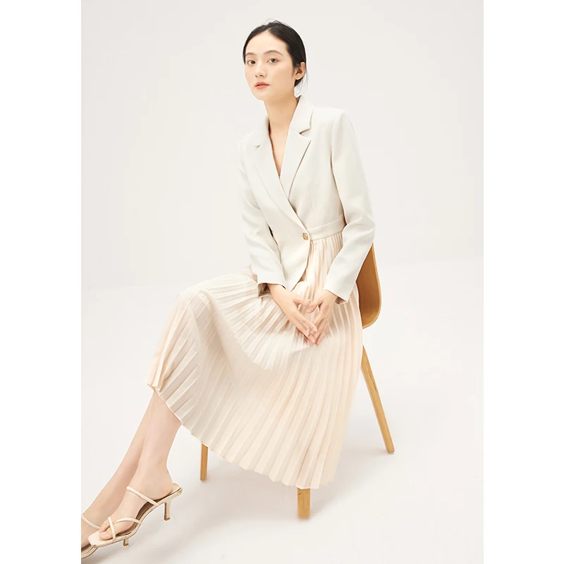 

Elegant High Quality Pleated Dresses Women Patchwork Office Lady Belt Mid-Calf Notched Collar Autumn Vestidos De Fiesta Pedreria