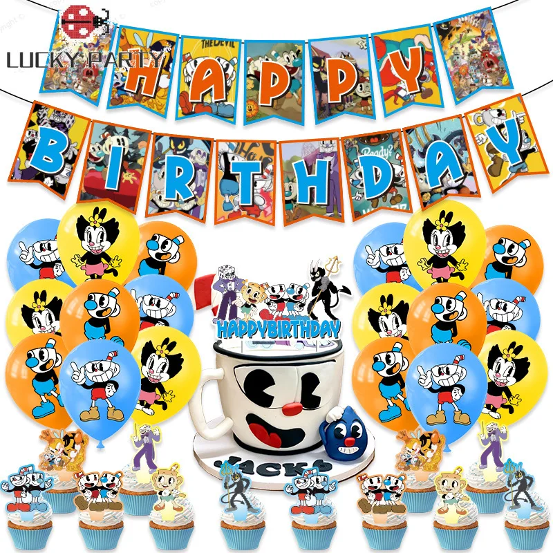

1set Game Cuphead Birthday Balloons Decoration Mugman The Devil Legendary Chalice Banners Cake Topper Baby Shower Event Supplies