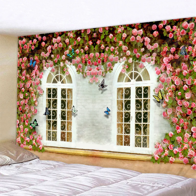 

Flower Vine On The Window Print Wall Tapestry Cheap Hippie Wall Hanging Art Carpet Bohemian Decorative Living Room Big Blanket