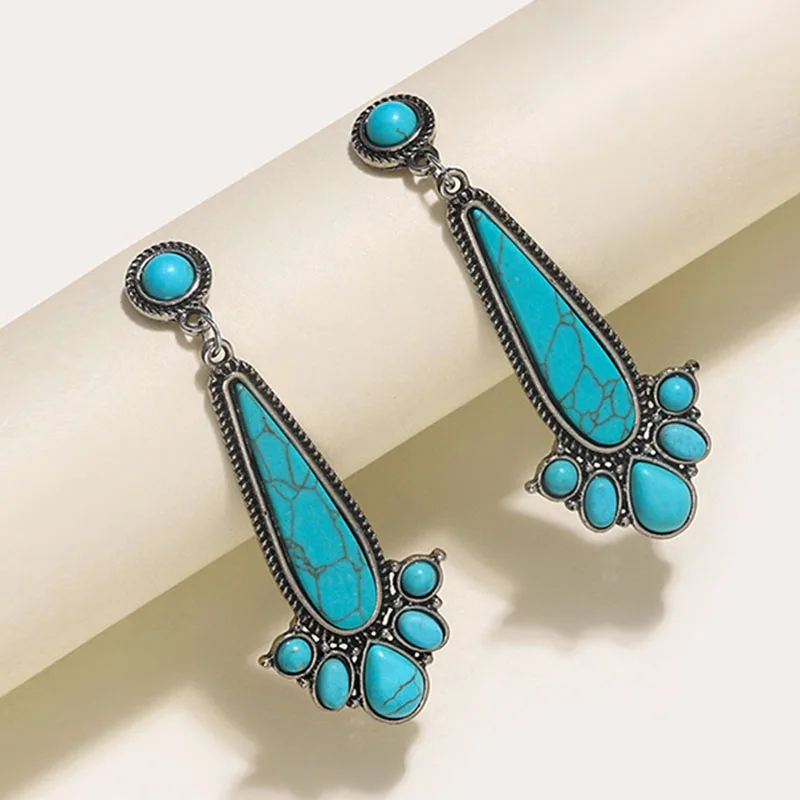 Bohemian Large Water Drop Natural Blue Stone Earrings Women Ethnic Accessories Long s Dangle Earring Jewelry |