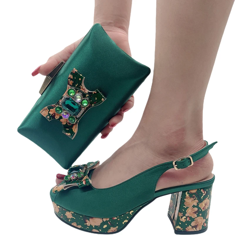 2023 African Women's Evening Shoe for the Wedding Fashion Platform Pump Block Heel Comfortable Party Women Shoes and Bags Set