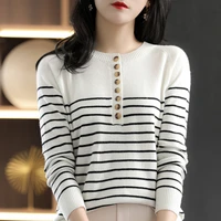 round neck single breasted striped knitted sweater womens spring new top loose thin retro sweater