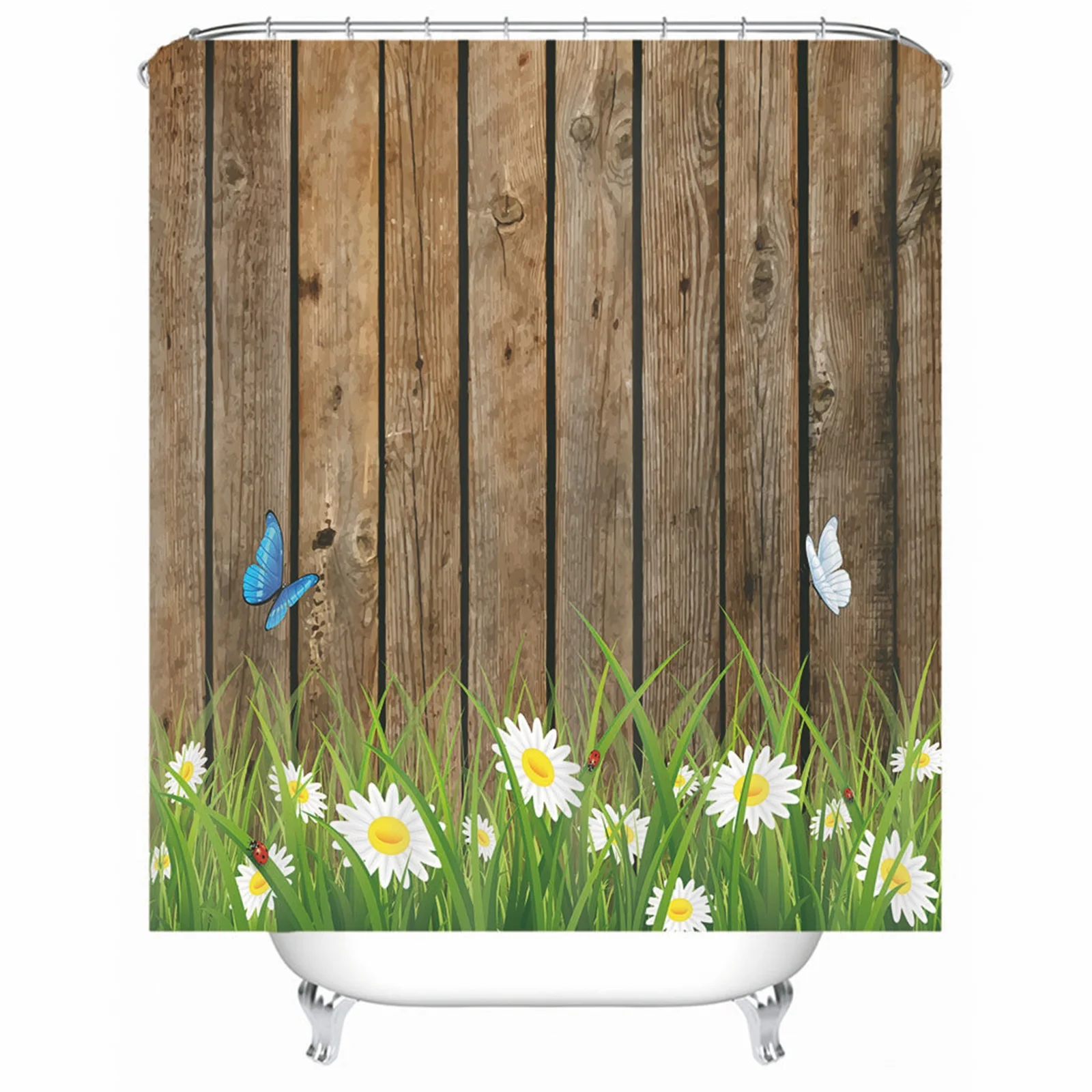 

Shower Curtains Liner Polyester Wooden Board Butterfly Sunflower Brown Mold & Mildew Resistant Waterproof With Grommets Hooks