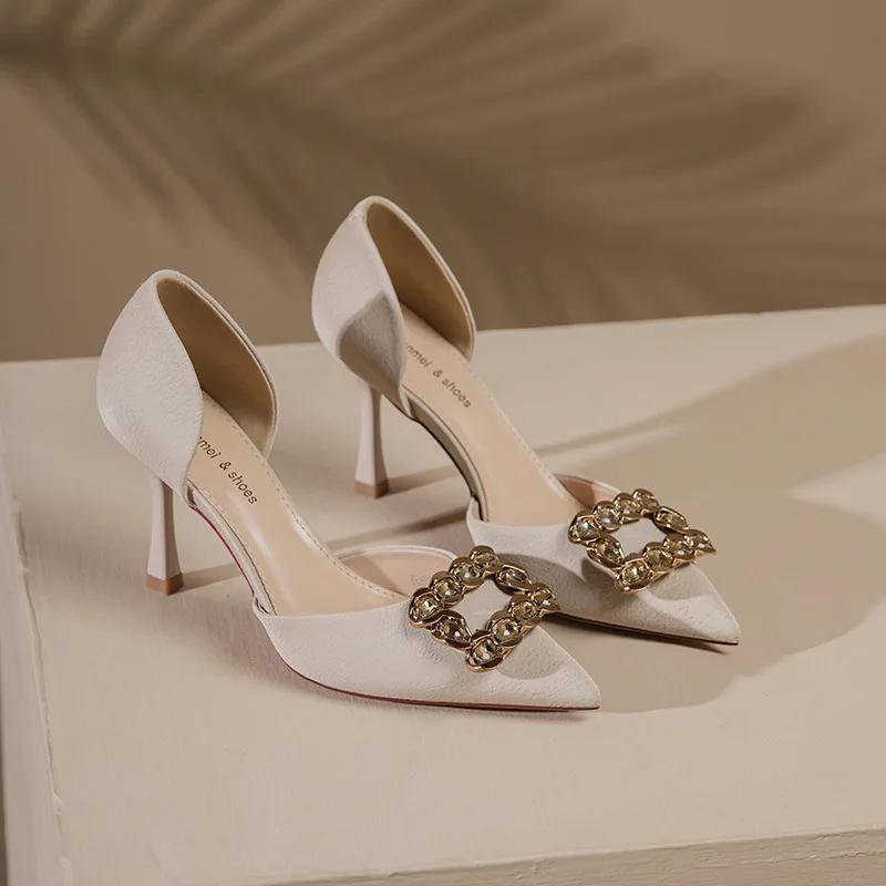 SOLEMATE French-style 2023 Spring New Rhinestone High Heels - Square Buckle Design for Professional and Fashionable Women