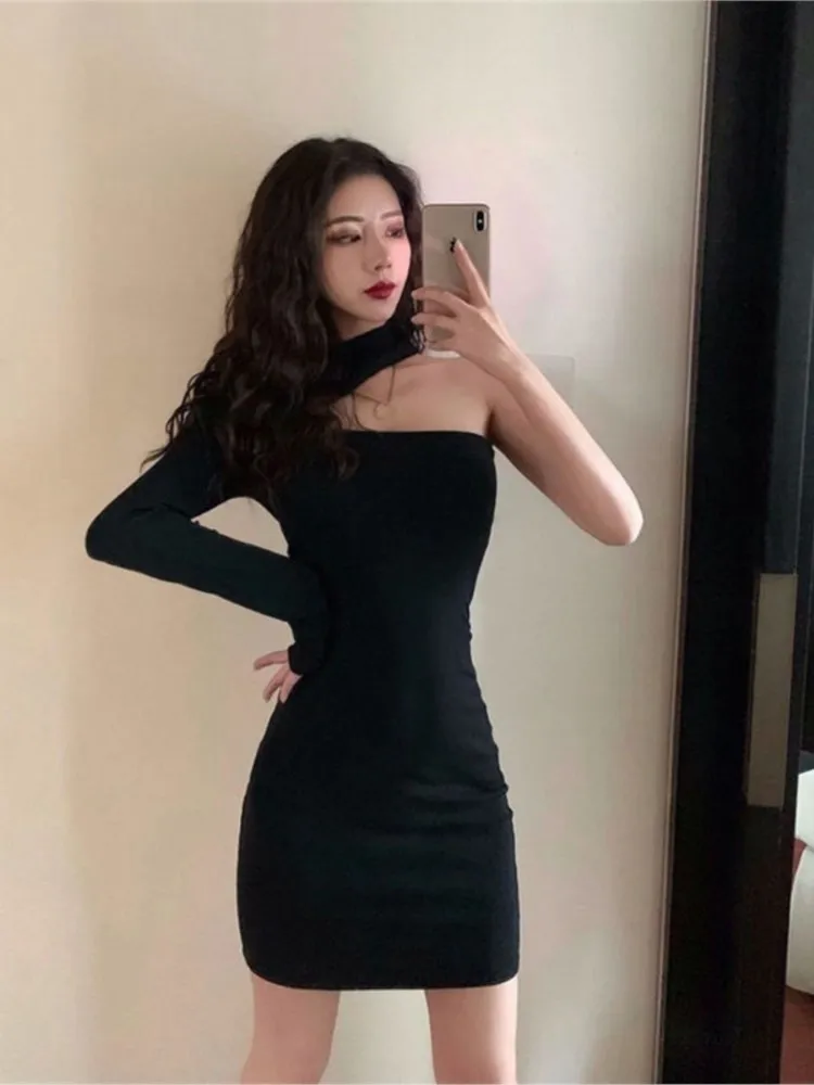 

Woman Clothes Little Black Dress Sexy One-sleeve Strapless Bottoming Bag Buttocks Slim Dresses Women Autumn 2022