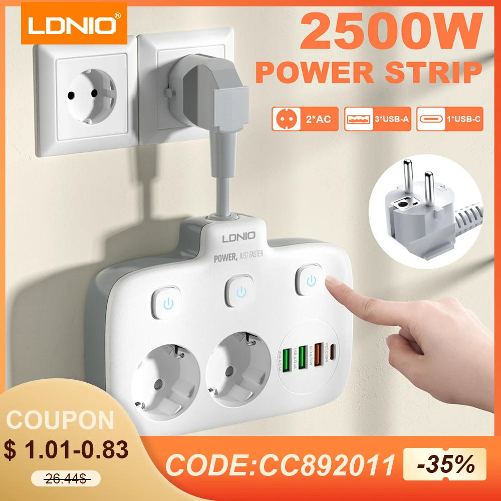 

LDNIO 2500W Power Strip EU Standard Electronic Socket 4 USB Outlets 2AC Ports Extension Cord With 3 Seperate Switches Power Plug