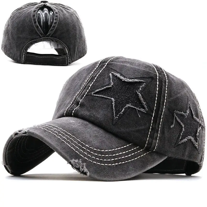 

New Ripped Sparkling Style Braid Ponytail Flash Five-Pointed Star Baseball Washed Old Women Hat