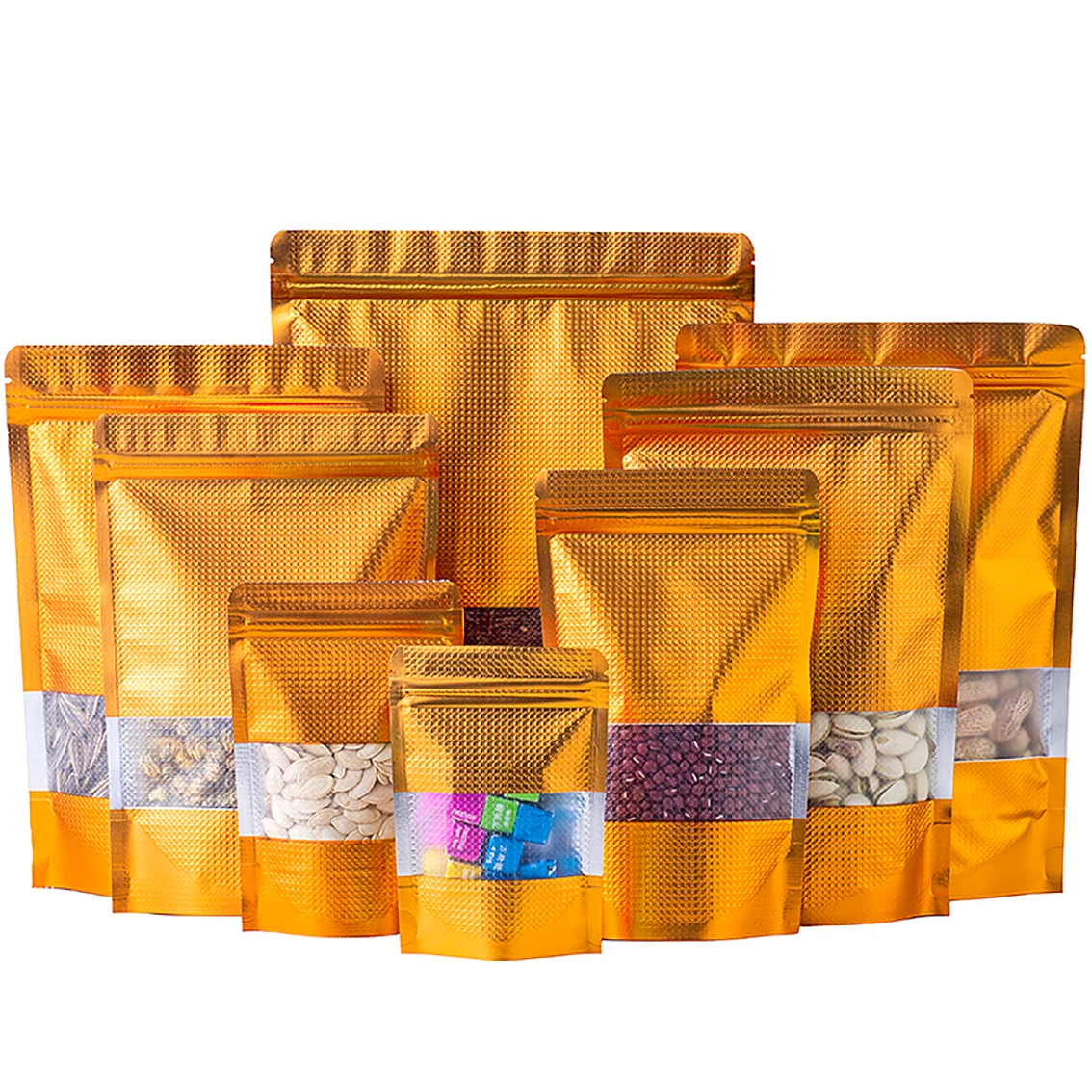 

100Pcs Gold Aluminum Foil Zip Lock Package Bag Stand Up Embossed with Window Resealable Powder Nuts Tea Gifts Packing Pouches