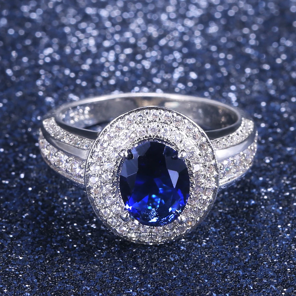 

Huitan Luxury Prong Setting-Rings For Women With Deep Blue Zircon Stone Anniversary Gift Wife Micro Paved Middle