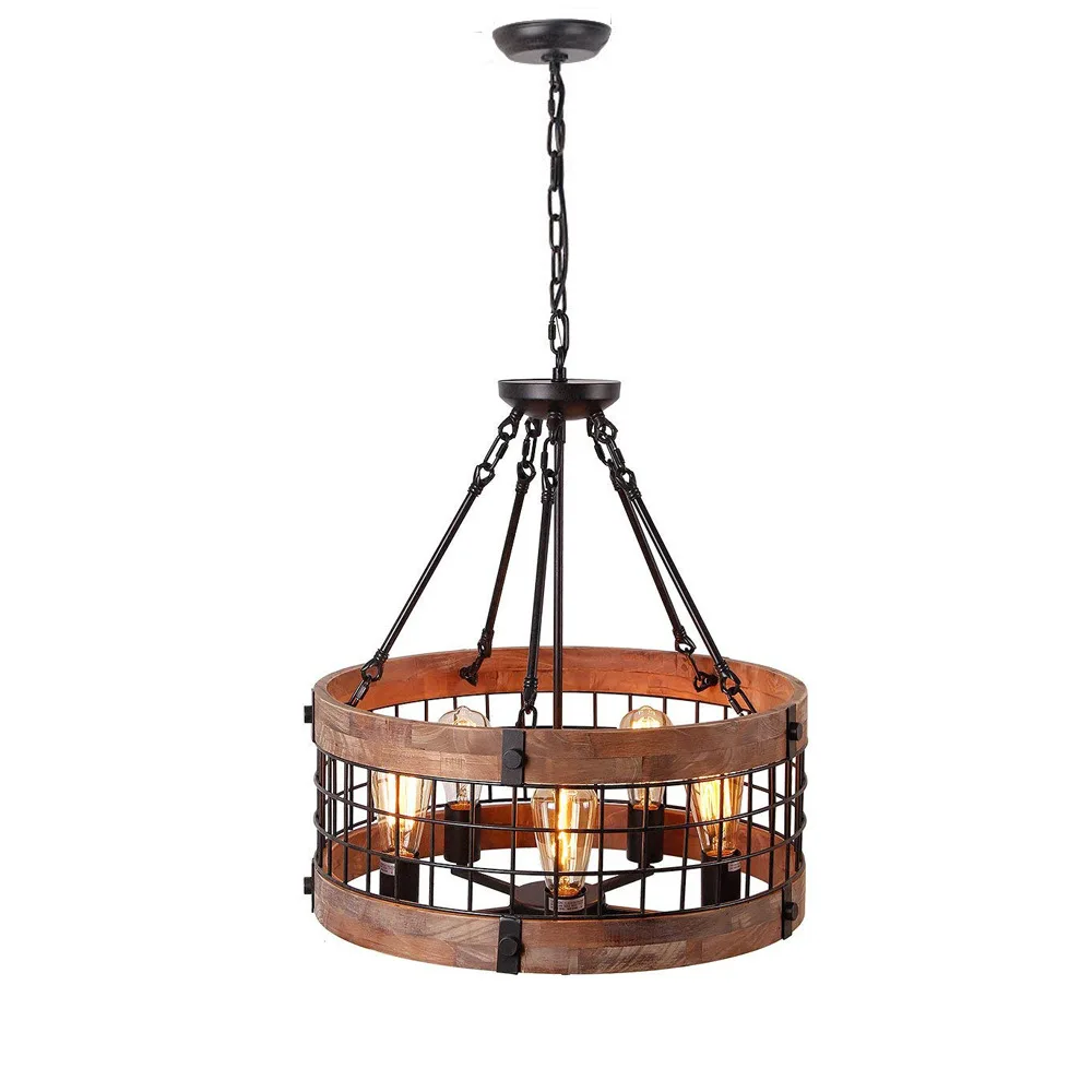 

Antique Finish Round Wooden Frame with Chain Pendant Light with LED Edison Bulbs Warm Light