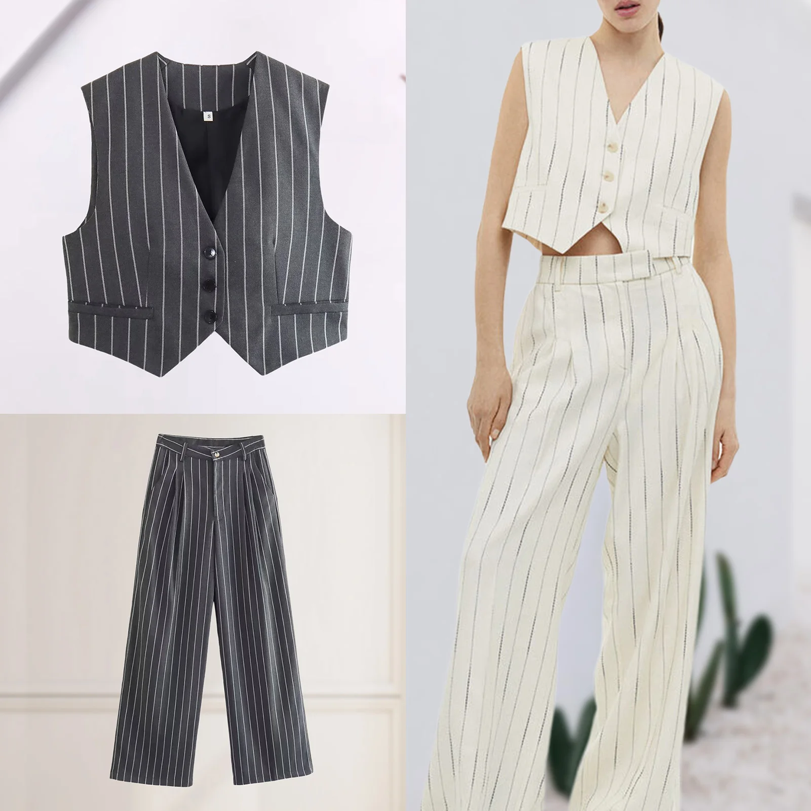 

Women Sleeveless Vest & Full Length Trouser Elegant Stripe V Neck Vest & High Waist Trouser Slim Fit Office Commuting Suit