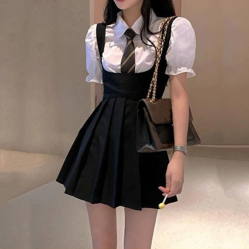 

Preppy Style JK Kawaii Women Dress Sets Blouse Girl Sweet Puff Sleeve Student Harajuku Ulzzang Lolita Shirts Pleated Dresses