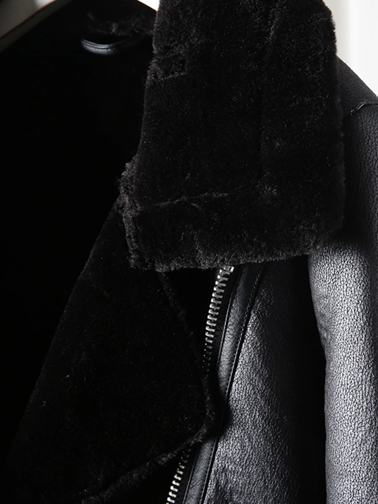 New 2023 Winter Women Sheepskin Coat Streewear Thick Warm Pu Faux Lamb Leather Jacket with Belt Loose Outwear Leather Jacket