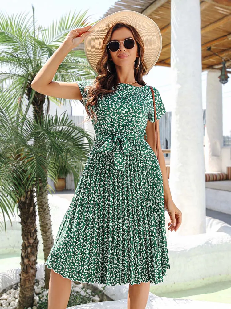 

2022 Summer Floral Dress Women Casual Pleated Midi Dresses Ladies Print Party Dress Short Sleeve Beach Holiday Sundress