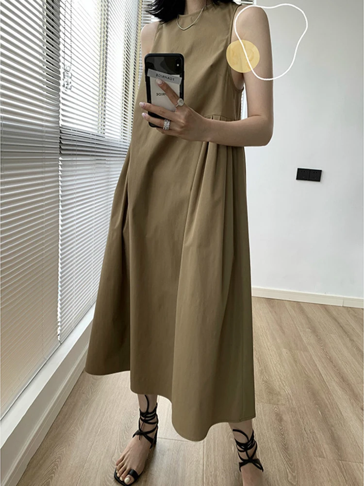 

Minimalism Solid Color Sleeveless Dress Women Fashion High Waist A-line Casual Robe Polyester 2022 Summer New B910