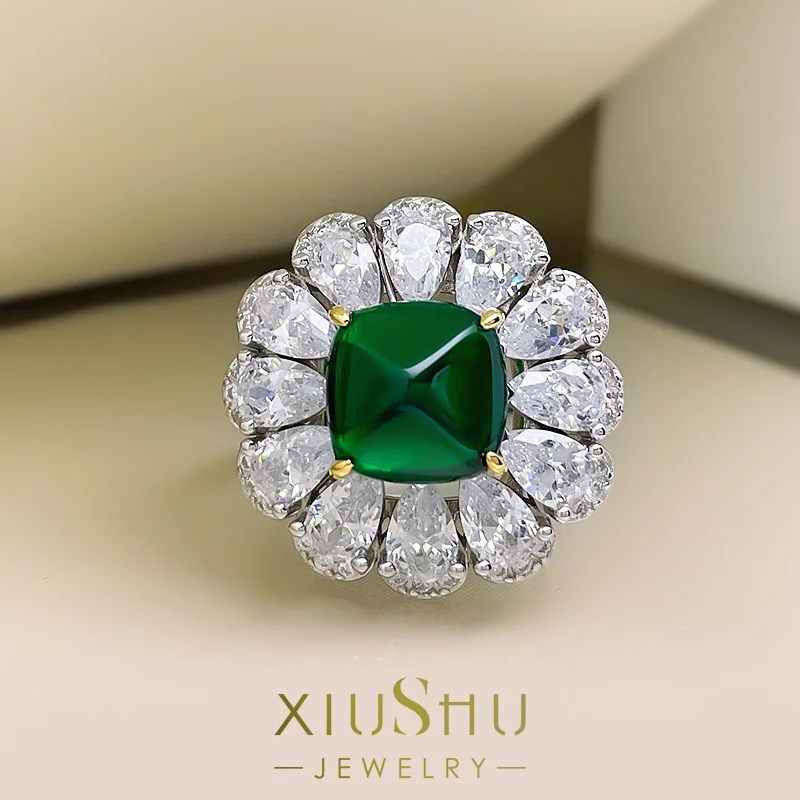 

5 Carat Daily Luxury Emerald Ring Female Plain Face Sugar Tower 925 Sterling Silver High Carbon Diamond Precision Micro Inlay
