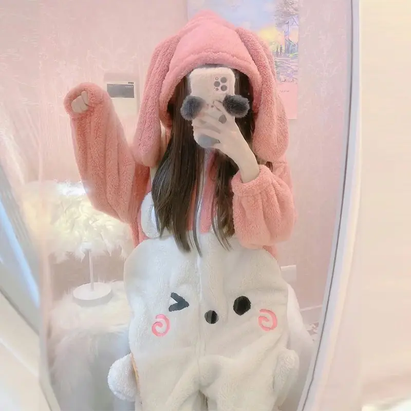 Kawaii Animal Pajamas Onesies Long Eared Rabbit Cartoon Sleepwear Cosplay Zipper Women Winter Flannel Overall Onepiece Jumpsuit