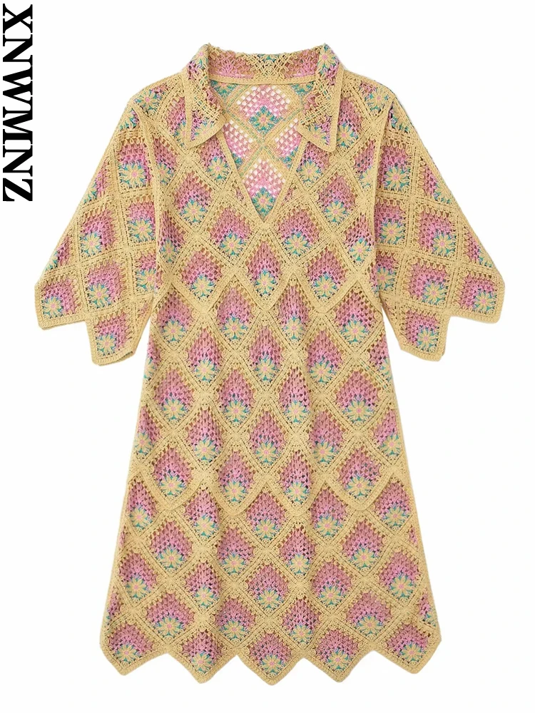 

XNWMNZ Women's Fashion Crochet Knit Cutout Mini Dress Women Vintage V Neck Short Sleeve Summer Dresses