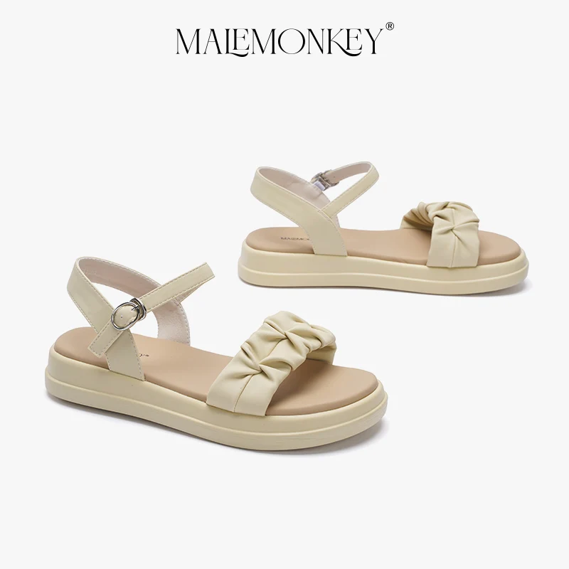 MALEMONKEY Luxury Sandals Women Platfrom 2023 New Summer Retro Non-slip Flats Sandals Round Toe Roman Female Shoes Handmade