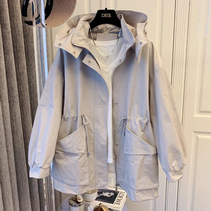 

Женский свободный тренчкот средней длины, белый тренчкот с капюшоном и поясом на завязках, весна-осень 2023