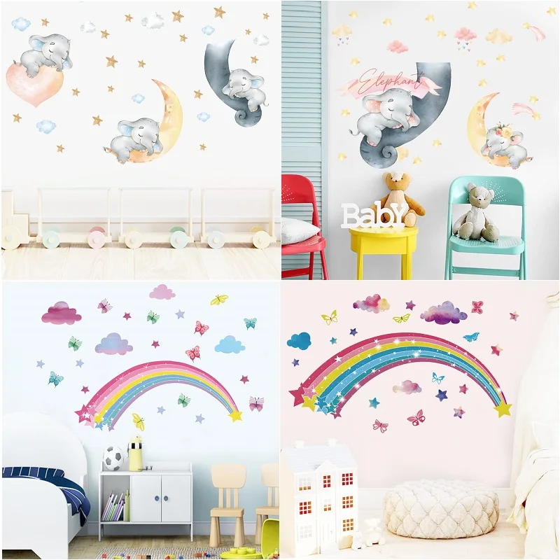

Stars rainbow Wall Decal sweet dream baby elephant Wall Sticker Kids Bedroom Nursery Decoration Mural Poster Cartoon Wallpaper