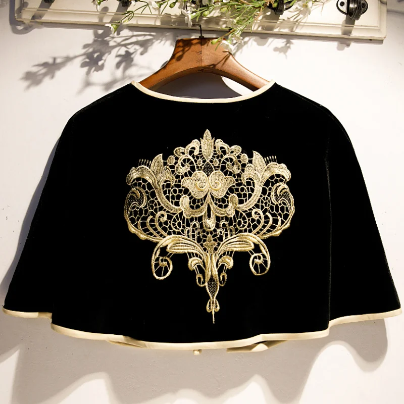 

Gold Velvet Cheongsam Shawl Women Sleeveless Retro Embroidered Short Cloak Cape