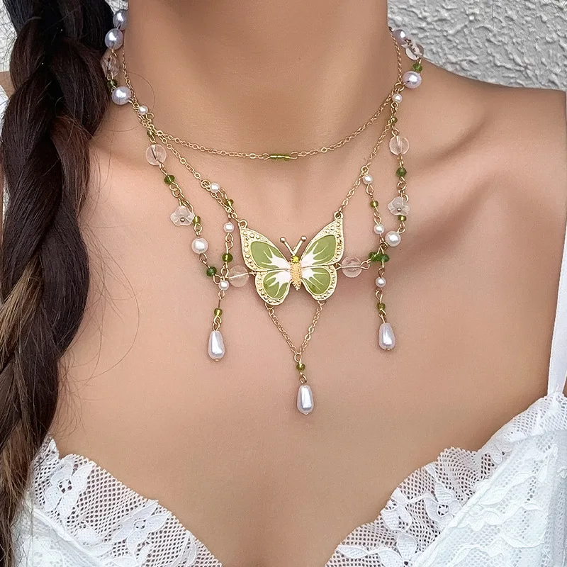 

Fairy Green Butterfly Crystal Metal Pendant Necklace for Women Girls Choker Fake Pearl Beading Sweet Cool Y2K Necklace Jewelry