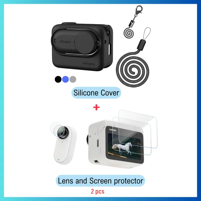 aMagisn AG08-A Black Silicone Body Cover + 2x Lens + 2x screen film for Insta360 GO 3